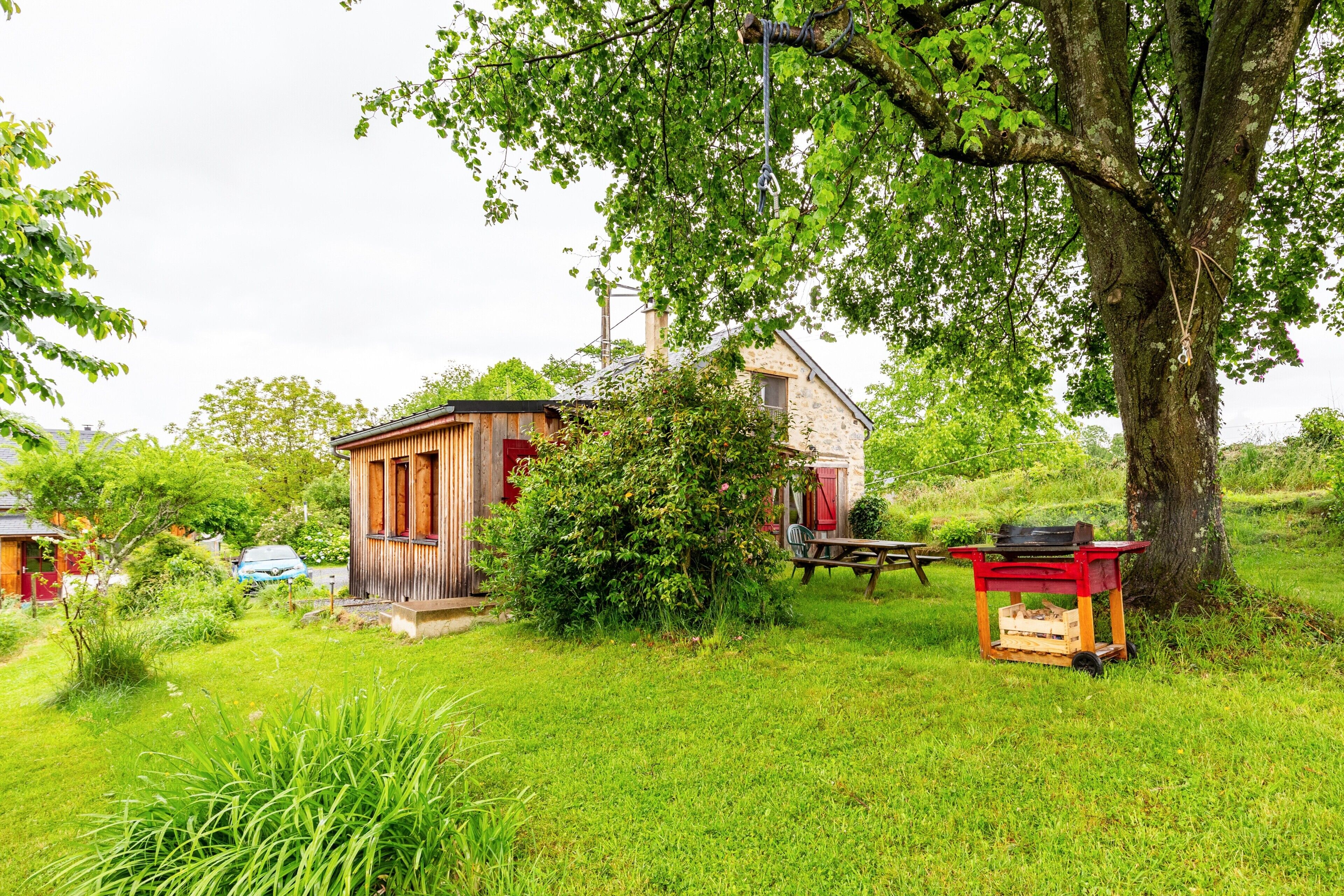 A rustic wooden house with a red door, surrounded by lush greenery and a large tree.