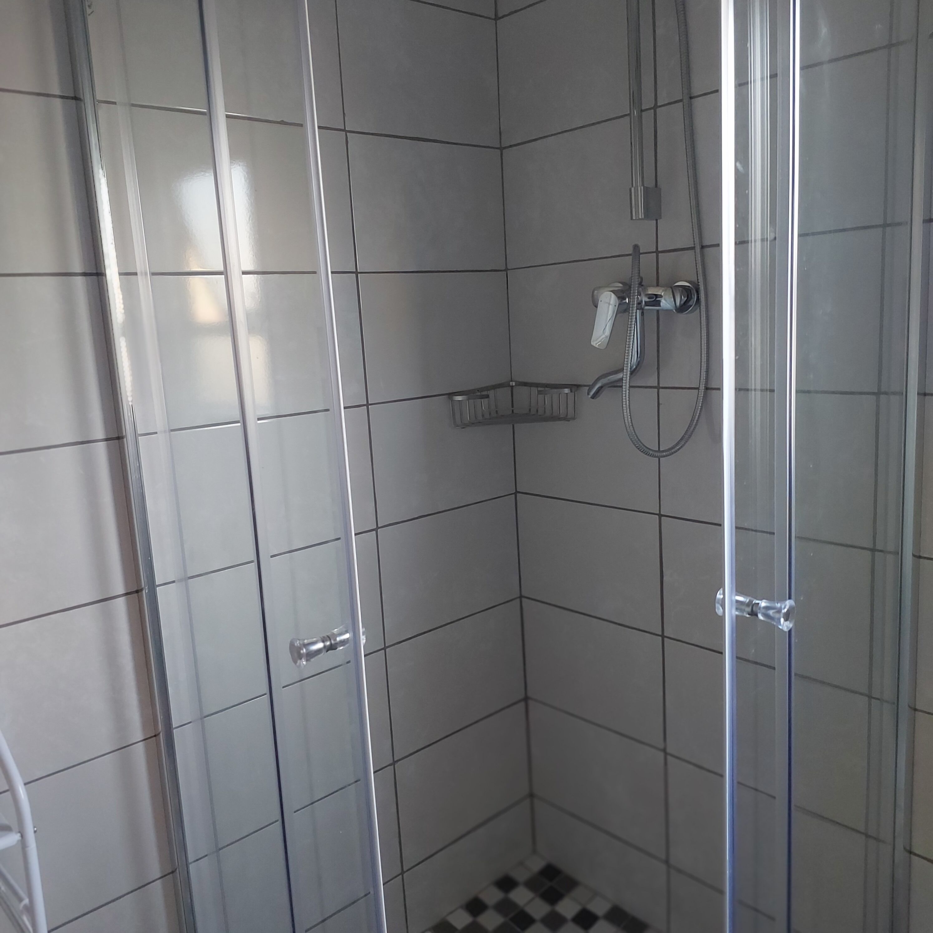 Un petit espace de douche carrelé, doté d’une porte en verre, d’un pommeau de douche à main et d’un robinet fixé au mur.