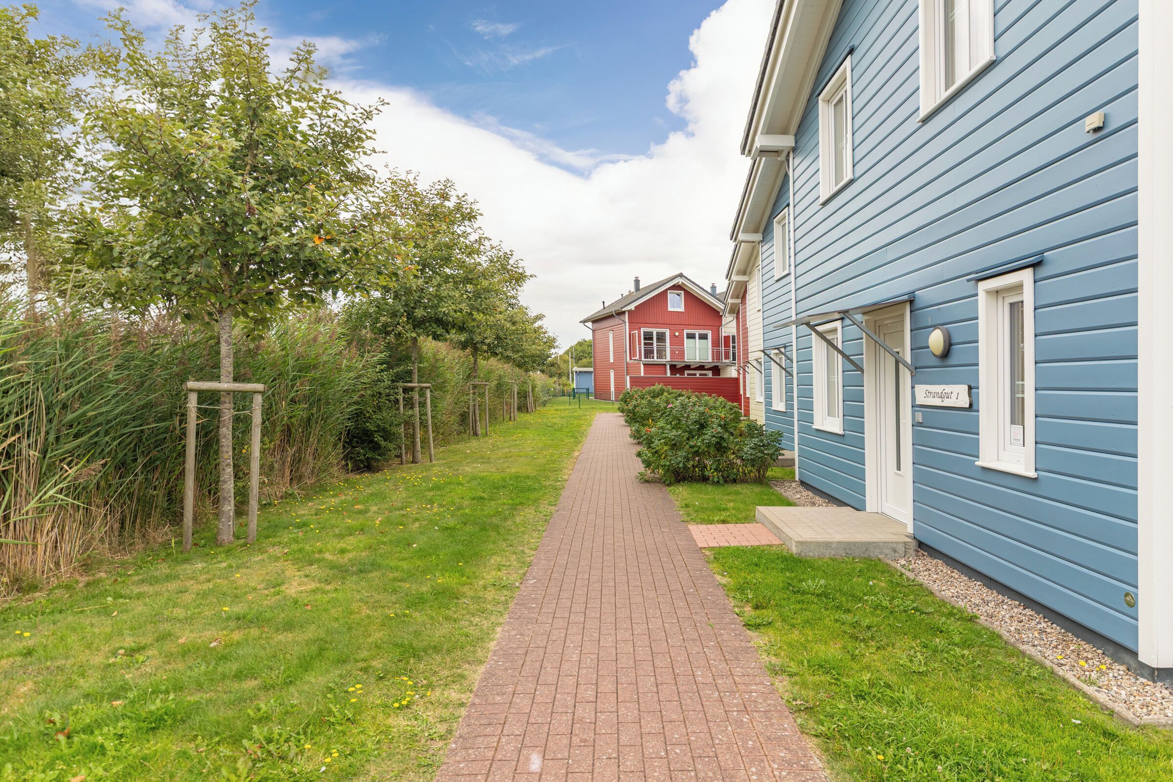 A pathway leading to a red house with a blue building adjacent to it.