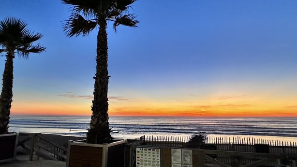 A sunset view with palm trees and a beach. - Villa 'Mimosa - Vue Exceptionnelle' with Lake View, Private Terrace and Wi-Fi (Lacanau)