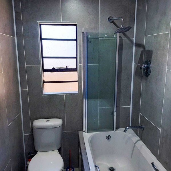 A bathroom with a toilet, a bathtub, and a glass shower enclosure.
