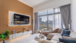 Luxury Apartment, Balcony, City View | Living area - Manzil - 1BR Apartment in JVC with Pool  (Dubai)