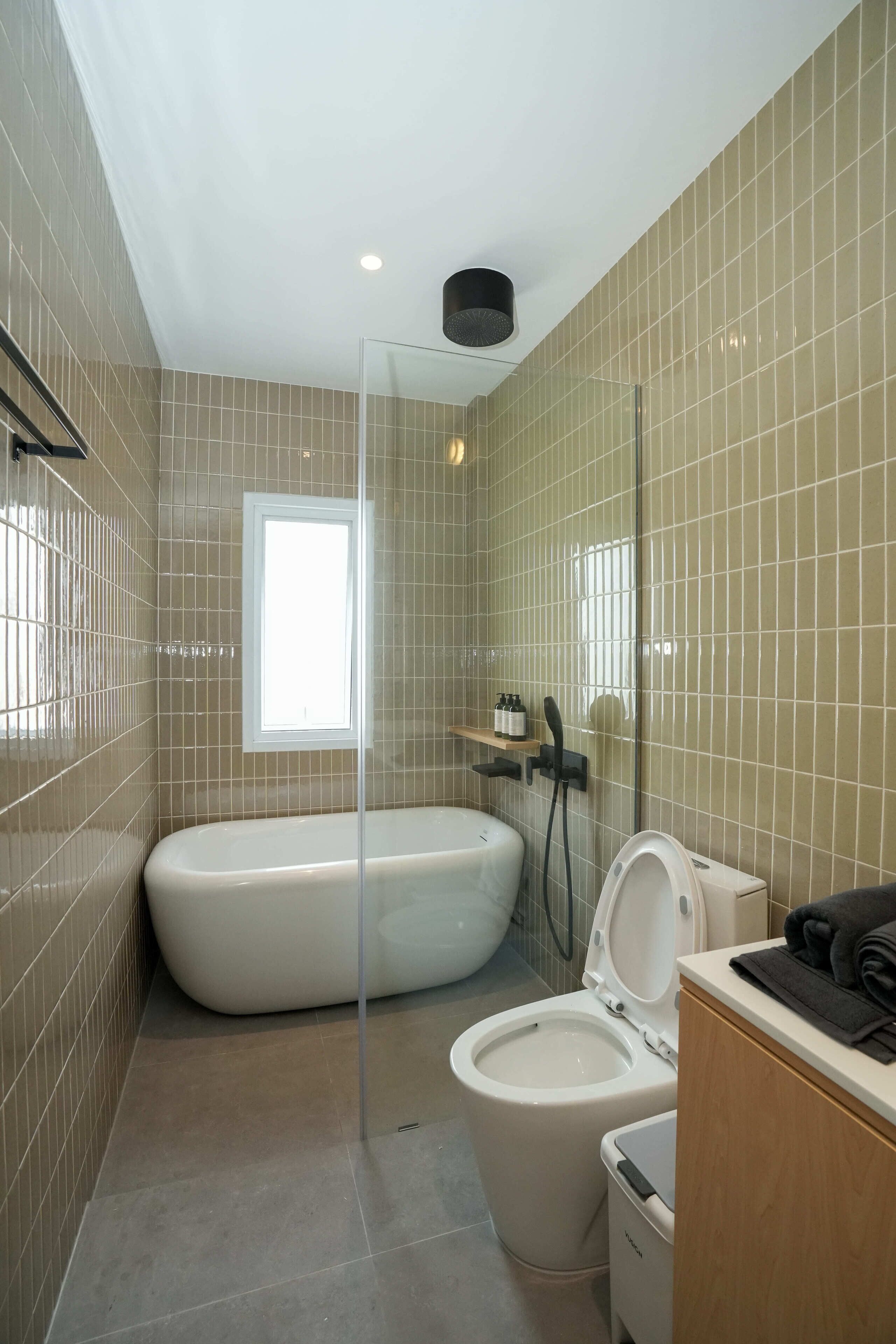 Shower, hair dryer, bidet, towels