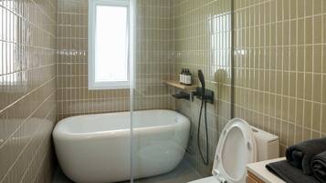 Shower, hair dryer, bidet, towels