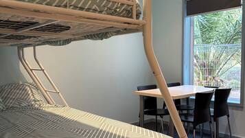 1 bedroom, desk, iron/ironing board, bed sheets