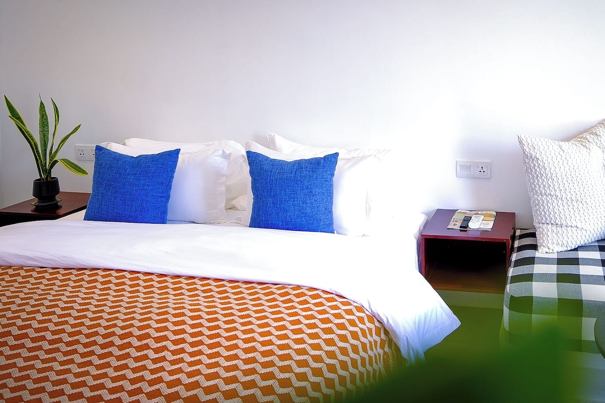 A hotel room with a bed, a nightstand, a small table with fruit, and a potted plant.