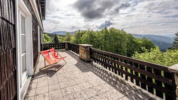 Un balcón con una silla con la marca Coca-Cola, una jardinera de piedra y barandilla de madera con vista a un paisaje boscoso.