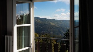 A view through a window with a view of a forested mountain range. - Hotel Tanečnica (Prostredni Becva)