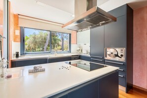 Fridge, microwave, oven, stovetop - Villa 'Sa Bateria' with Sea View, Wi-Fi and Air Conditioning (Portocolom)
