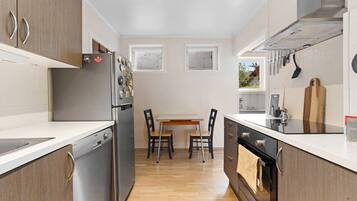 Fridge, stovetop, dishwasher, coffee/tea maker