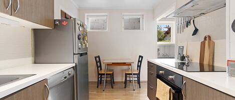 Fridge, stovetop, dishwasher, coffee/tea maker