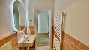 Shower, towels, soap, toilet paper