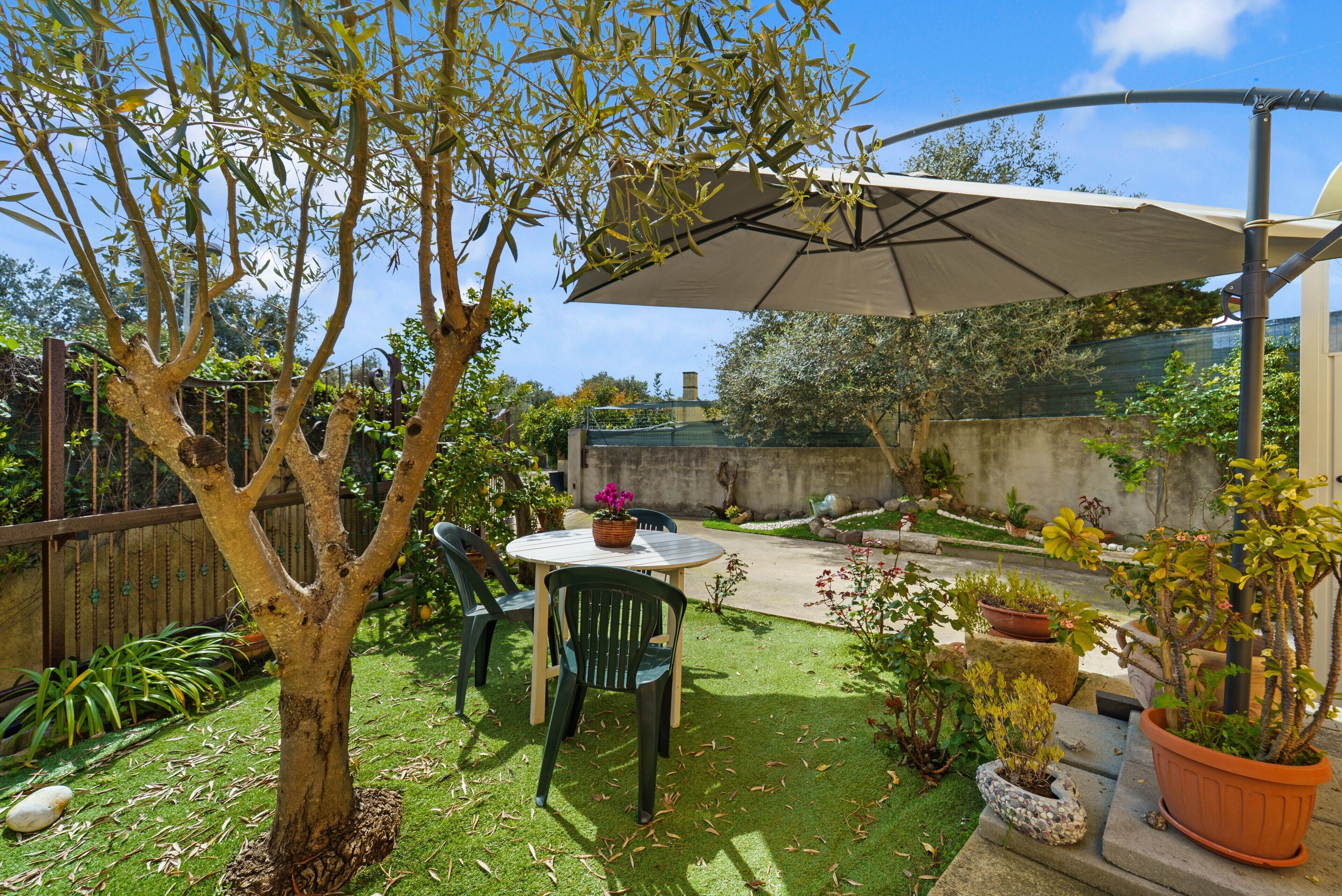 A patio with a table and chairs, surrounded by potted plants and a tree.