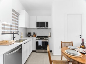 Fridge, microwave, oven, stovetop