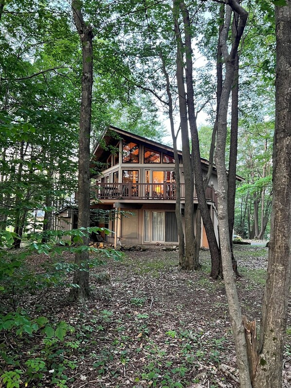 Une cabane à deux étages dotée d’un balcon, entourée d’arbres et bordée d’un tapis de feuilles et de brindilles.