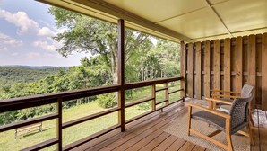 A wooden deck with a view of a forested landscape. - Hilltop Lookout #2 at Busch Mt- Stunning Views! (Eureka Springs)