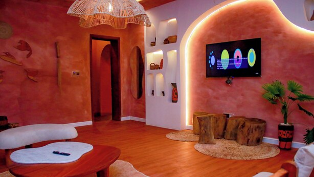 Un interior moderno con suelo de madera, un sofá, un televisor montado en la pared y una planta.