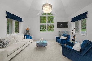 Smart TV, chimenea, libros