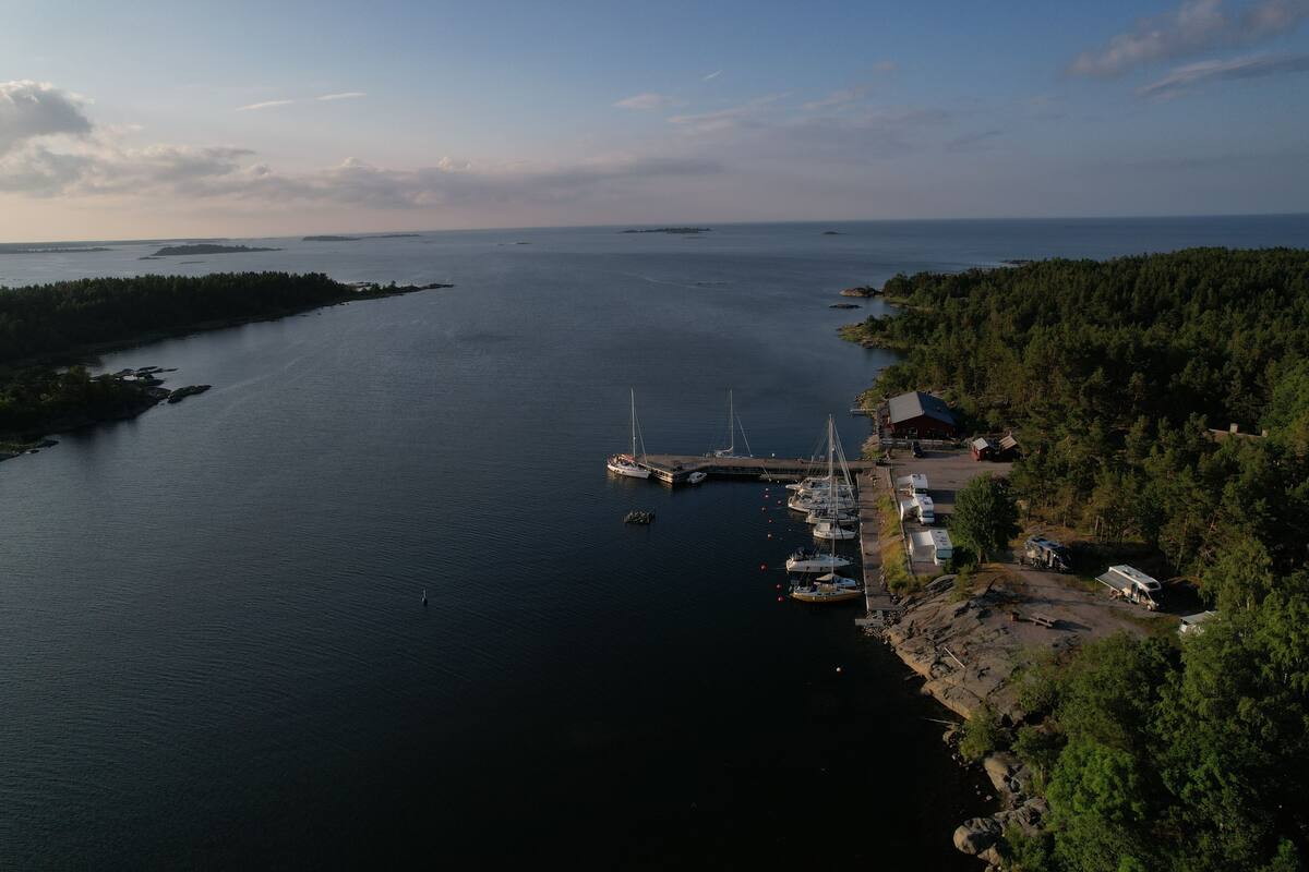 A marina with boats docked, surrounded by forested land.