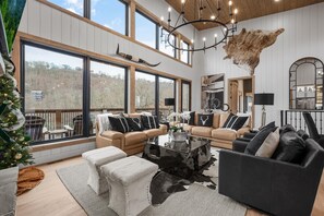 TV, fireplace, video games - Beneath the Stars | Luxury 3BR Cabin w/ Indoor Pool & Game Room (Gatlinburg)