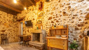 Quarto rústico com paredes de pedra, lareira, mobiliário de madeira e televisão fixada na parede.