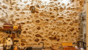Uma cozinha rústica com parede de pedra, pia, cafeteira e diversos utensílios de cozinha.
