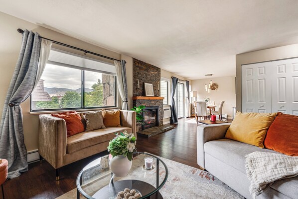 Apartment (1 Bedroom) | Living area | TV, fireplace, books