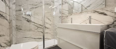 Shower, hair dryer, bidet, towels