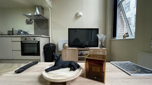 Une cuisine moderne équipée d’une cuisinière, d’un four et d’une poubelle noire. Un téléviseur est posé sur un meuble en bois, et une figurine de mouton noir est placée sur une table en bois.