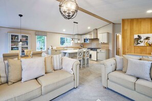 Ein modernes Wohnzimmer mit einer Sofagarnitur, einem Essbereich und einer Küche mit Holzausstattung und einer zentralen Kochinsel.