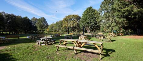 A park with picnic tables and benches, surrounded by trees.