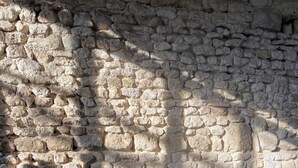 A stone wall and a clear swimming pool.