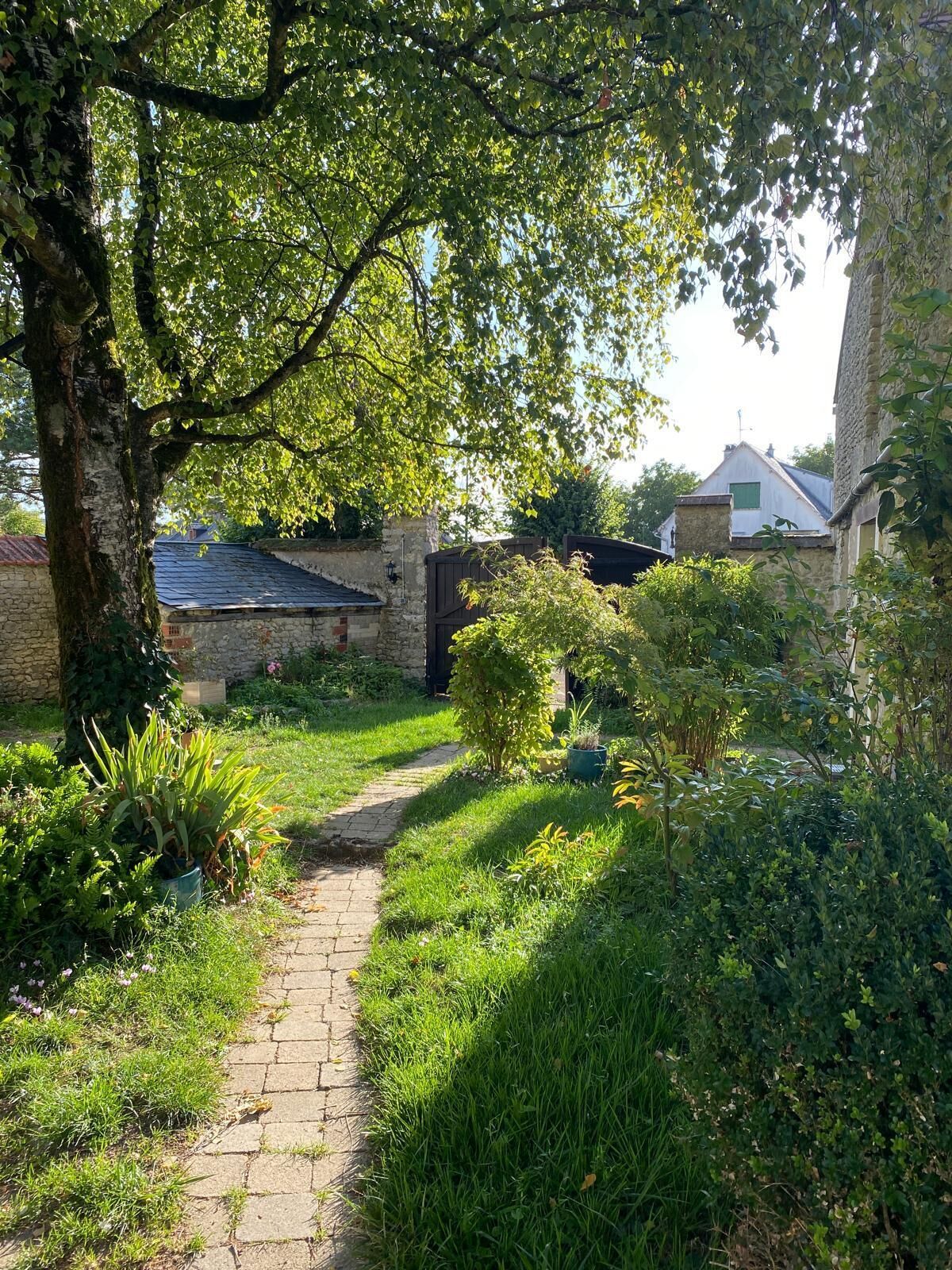 Un chemin de pierres serpente à travers un jardin luxuriant, où l’on trouve une variété de plantes et un arbre qui offre de l’ombre.