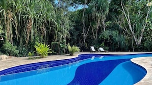 A swimming pool with blue tiles, surrounded by tropical plants and trees. - Pipa Blue (Tibau do Sul)
