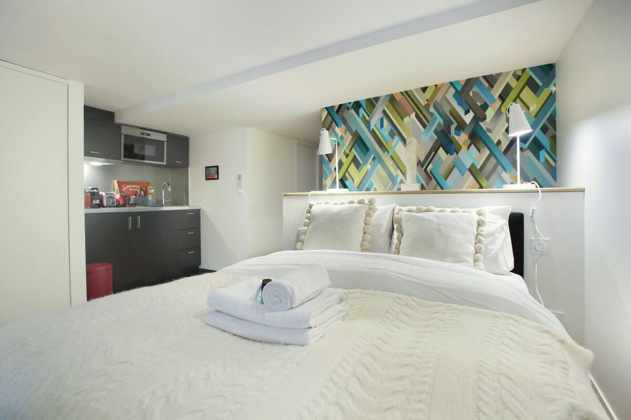 1 bedroom, desk, iron/ironing board, bed sheets