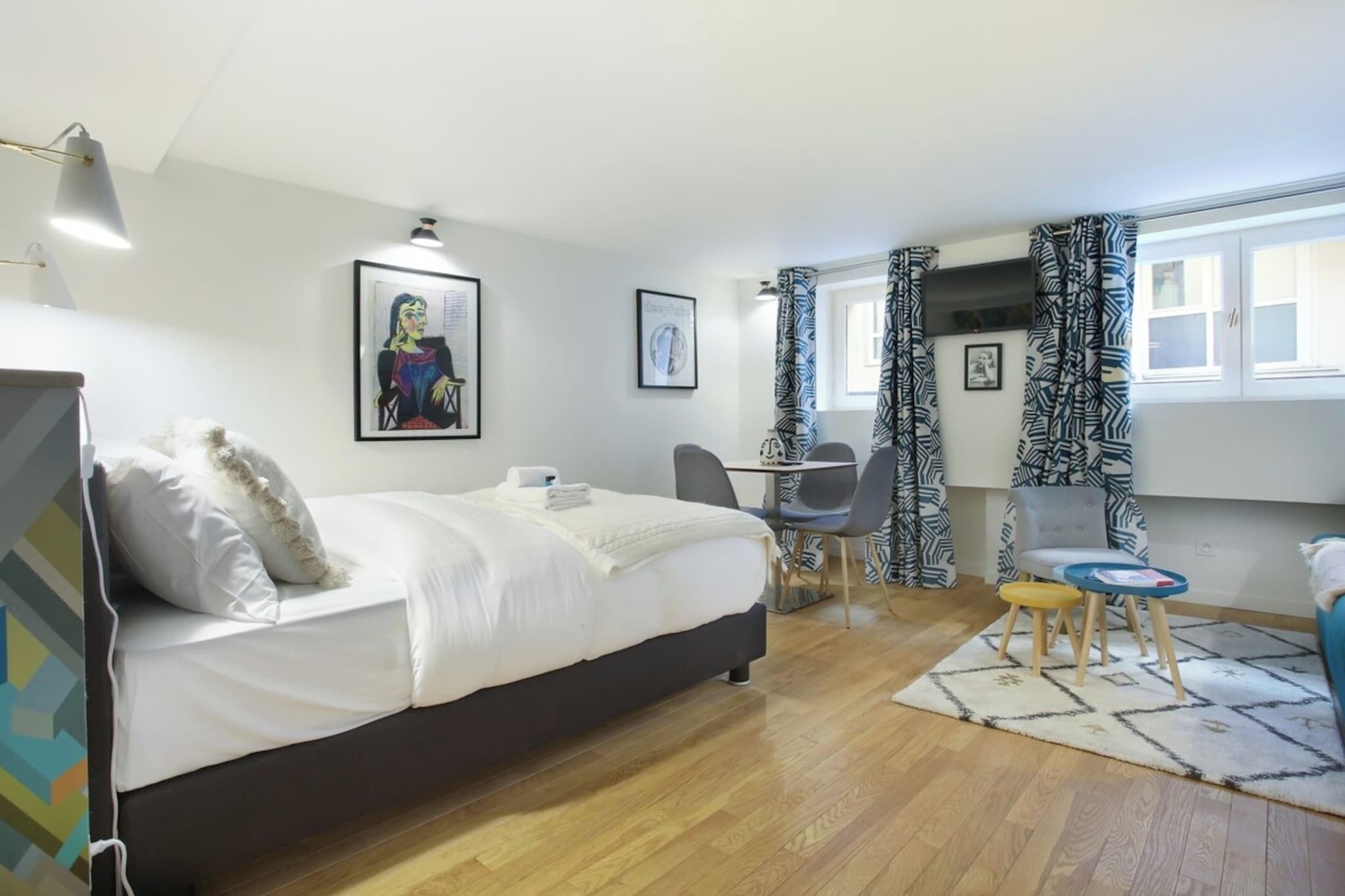 1 bedroom, desk, iron/ironing board, bed sheets