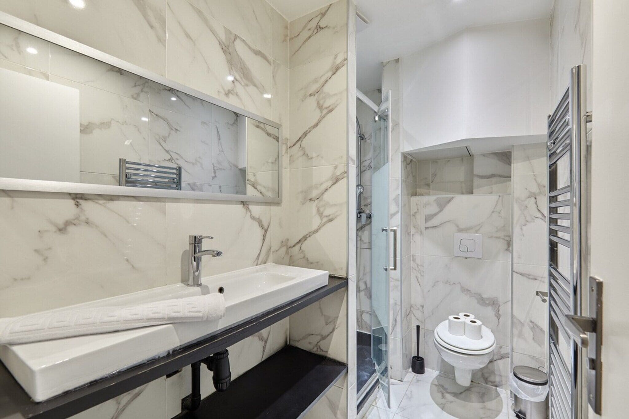 Shower, hair dryer, towels