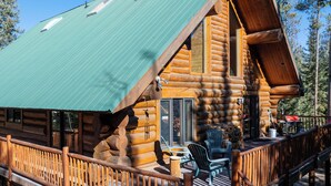 Eine Blockhütte mit einem grünen Metalldach, einer Terrasse mit Stühlen und einem Holgitter.