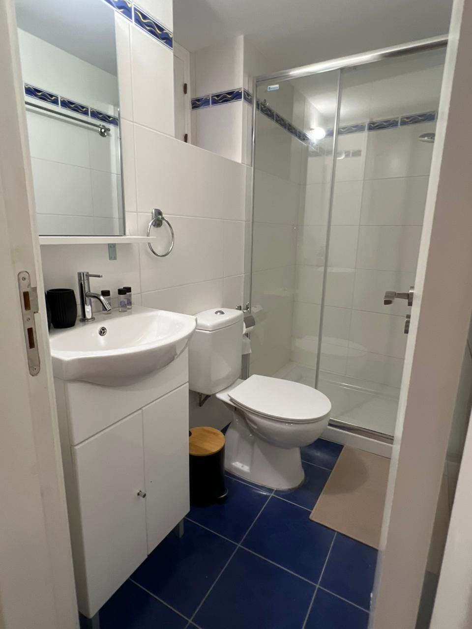 Une petite salle de bain avec un lavabo blanc, des toilettes et une douche à parois de verre.