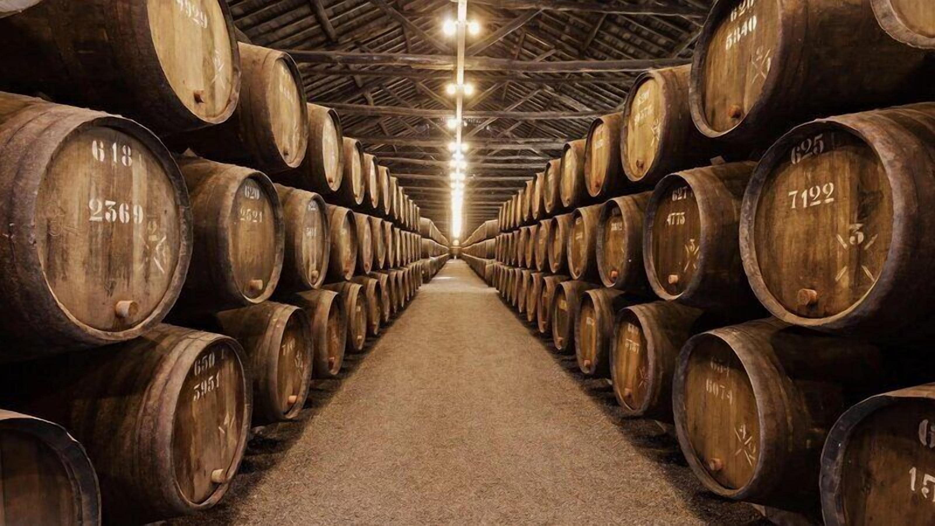 A warehouse with rows of wooden barrels stacked in an aisle.