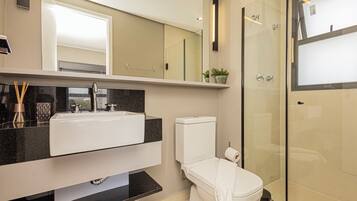 Ducha, secador de pelo, toallas, jabón