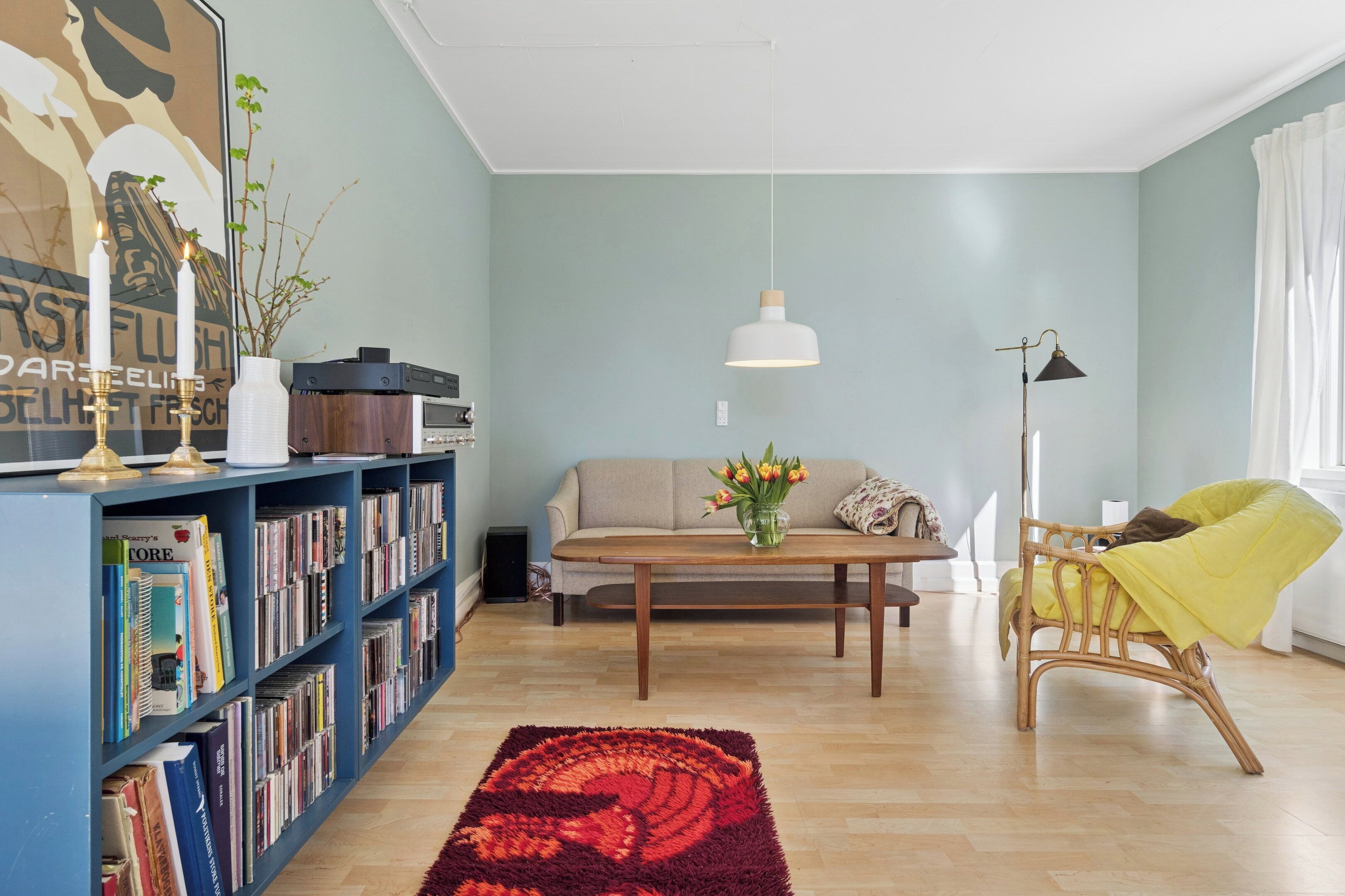 A living room with a bookshelf, a sofa, a coffee table, a chair, a floor lamp, and a rug.