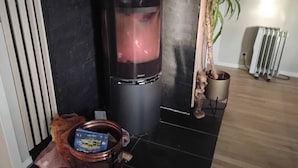 Et rum med sort flisegulv, en sort brændeovn, en radiator og en potteplante.