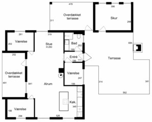 A hotel floor plan with multiple ensuite bathrooms, a kitchenette, and a terrace.