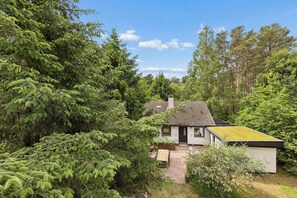 A house with a green roof, surrounded by dense forest. - Modernised 70s cottage in forest near beach (Nykøbing Sjælland)