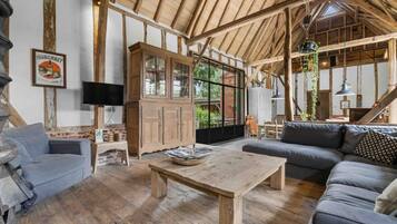 Televisie, een open haard, boeken en een stereo