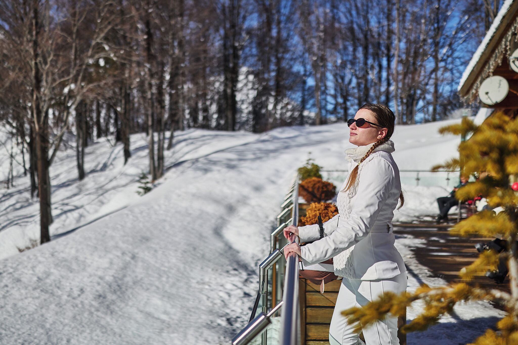 A person standing on a balcony with a snowy landscape and trees in the background.