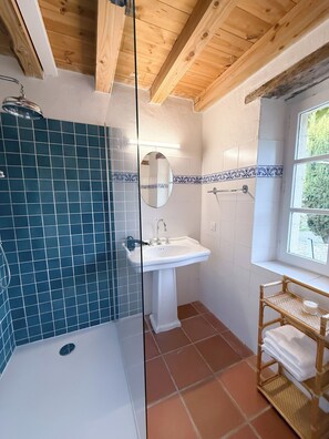 Shower, hair dryer, towels, soap