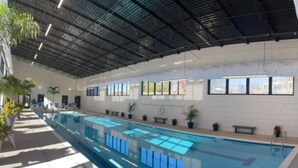 Une piscine intérieure de forme longue et étroite, entourée de plantes en pot et de bancs.