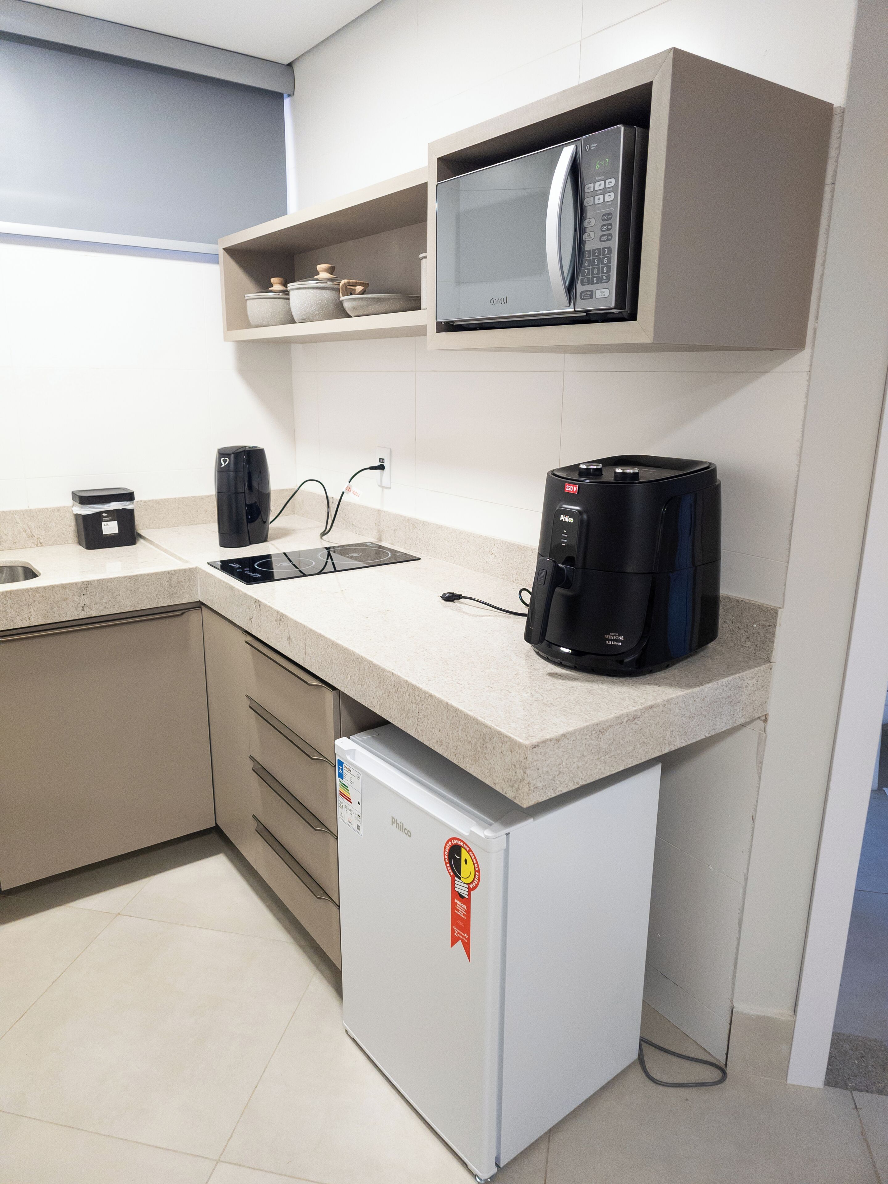 Mini-fridge, microwave, stovetop, cookware/dishes/utensils